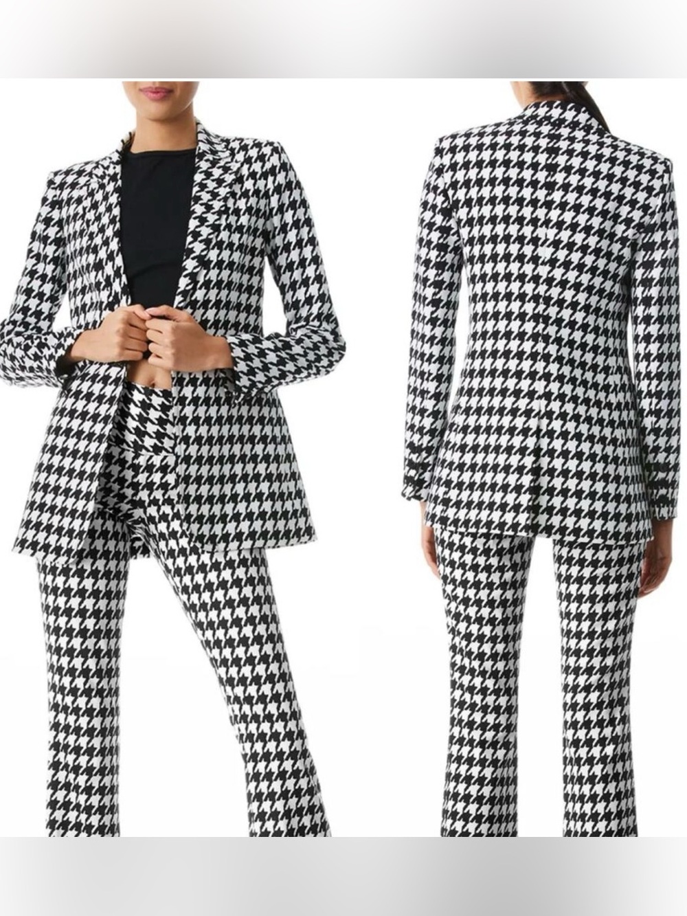 Alice + Olivia Breann Long Fitted Houndstooth Single Button Classic Blazer 10 - Picture 13 of 16
